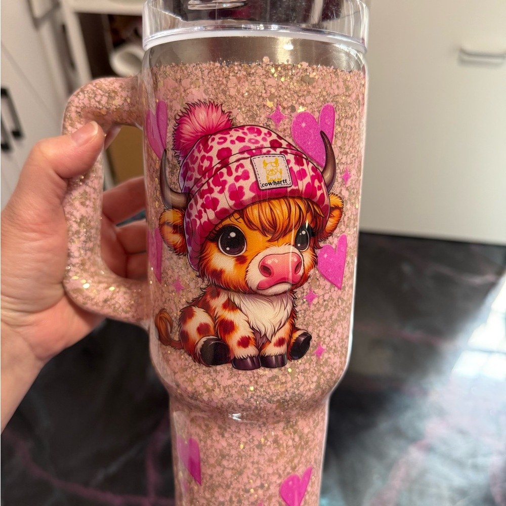 Pink Glitter Tumbler with Cute Cow Design Handmade 40 Oz